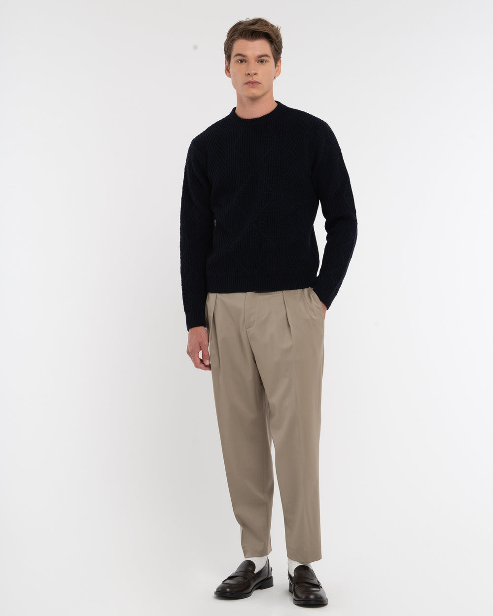 blue english rib knit with aran workmanship