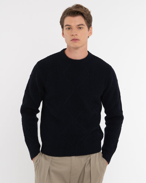 blue english rib knit with aran workmanship