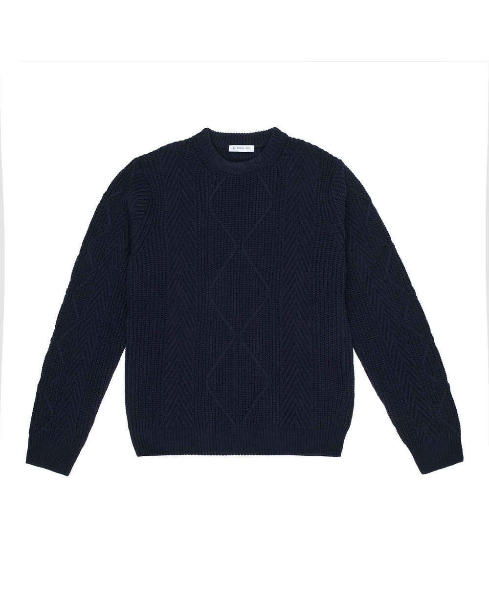 blue english rib knit with aran workmanship