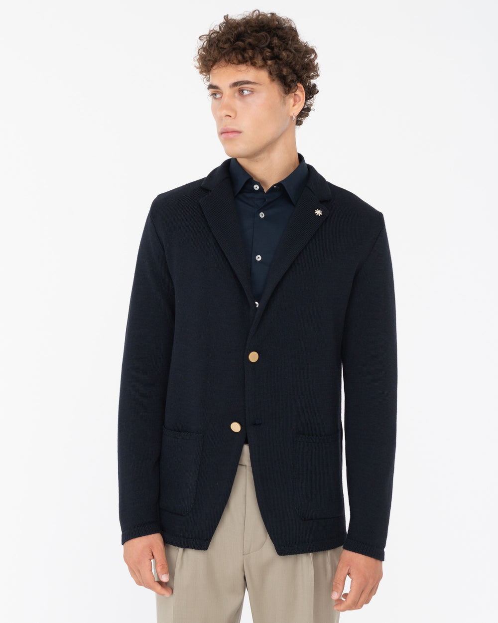 blue wool blend knitted blazer