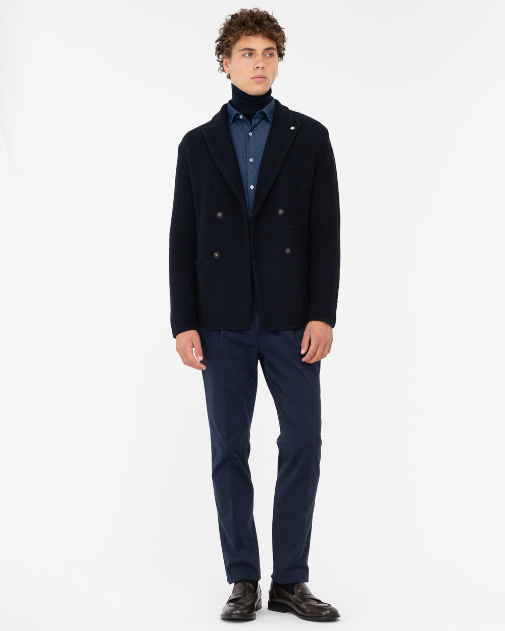 blue resca wool blend double breasted knitted blazer