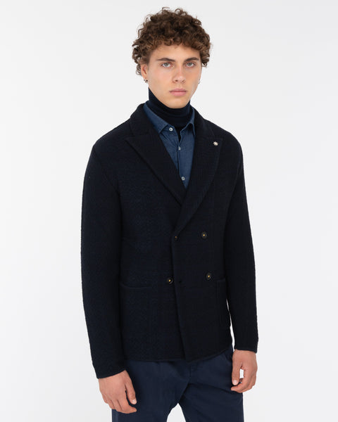 blue resca wool blend double breasted knitted blazer
