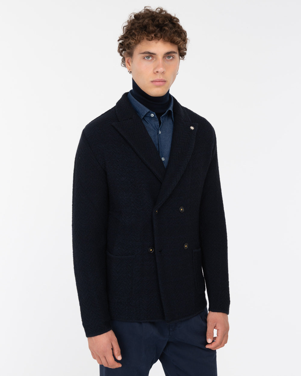 blue resca wool blend double breasted knitted blazer