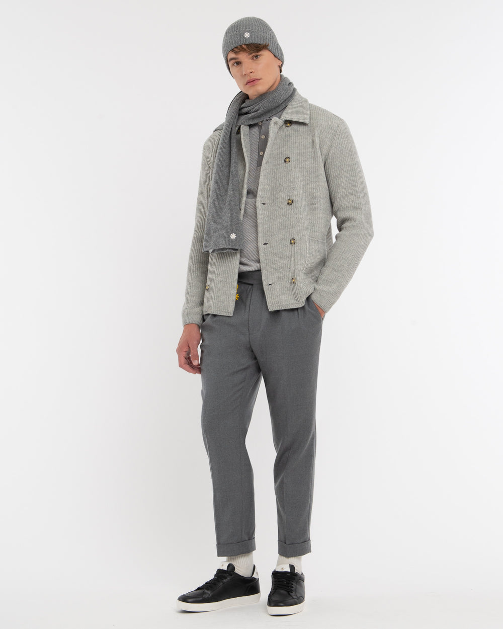 gray wool blend double breasted knitted blazer