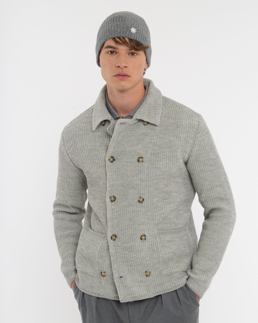 gray wool blend double breasted knitted blazer