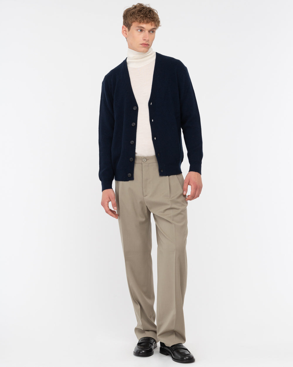 beige stretch wool double pleat relaxed fit trousers