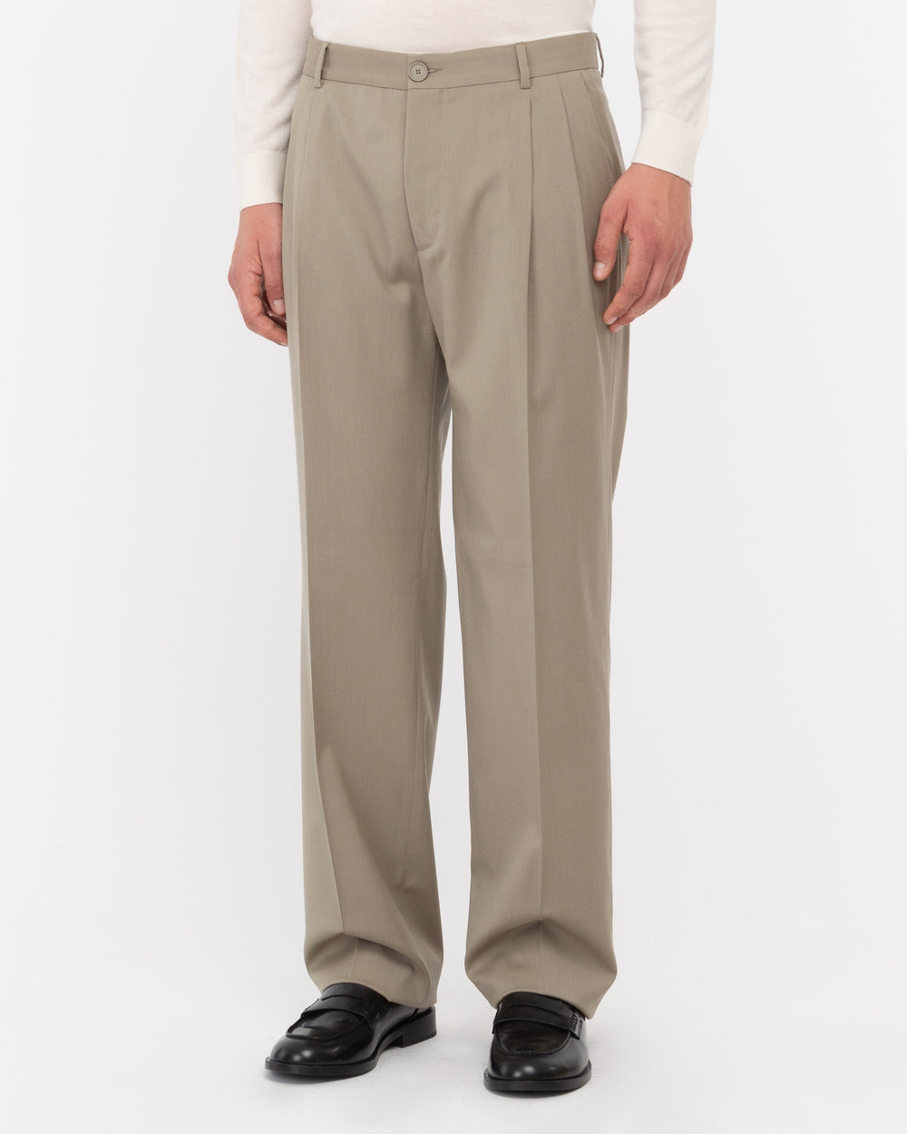 beige stretch wool double pleat relaxed fit trousers