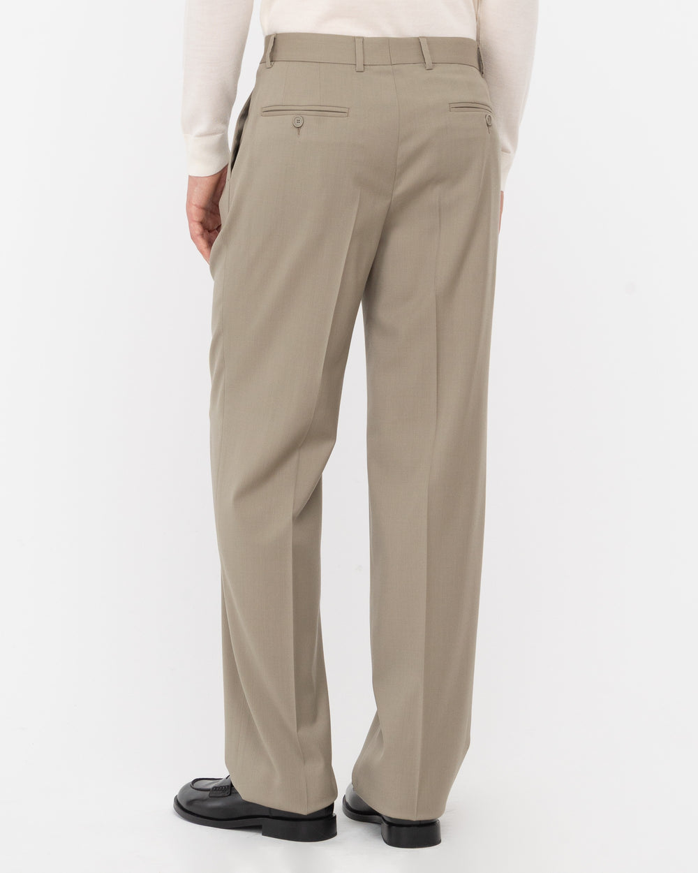 beige stretch wool double pleat relaxed fit trousers