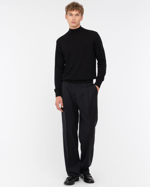 black stretch wool double pleat relaxed fit trousers
