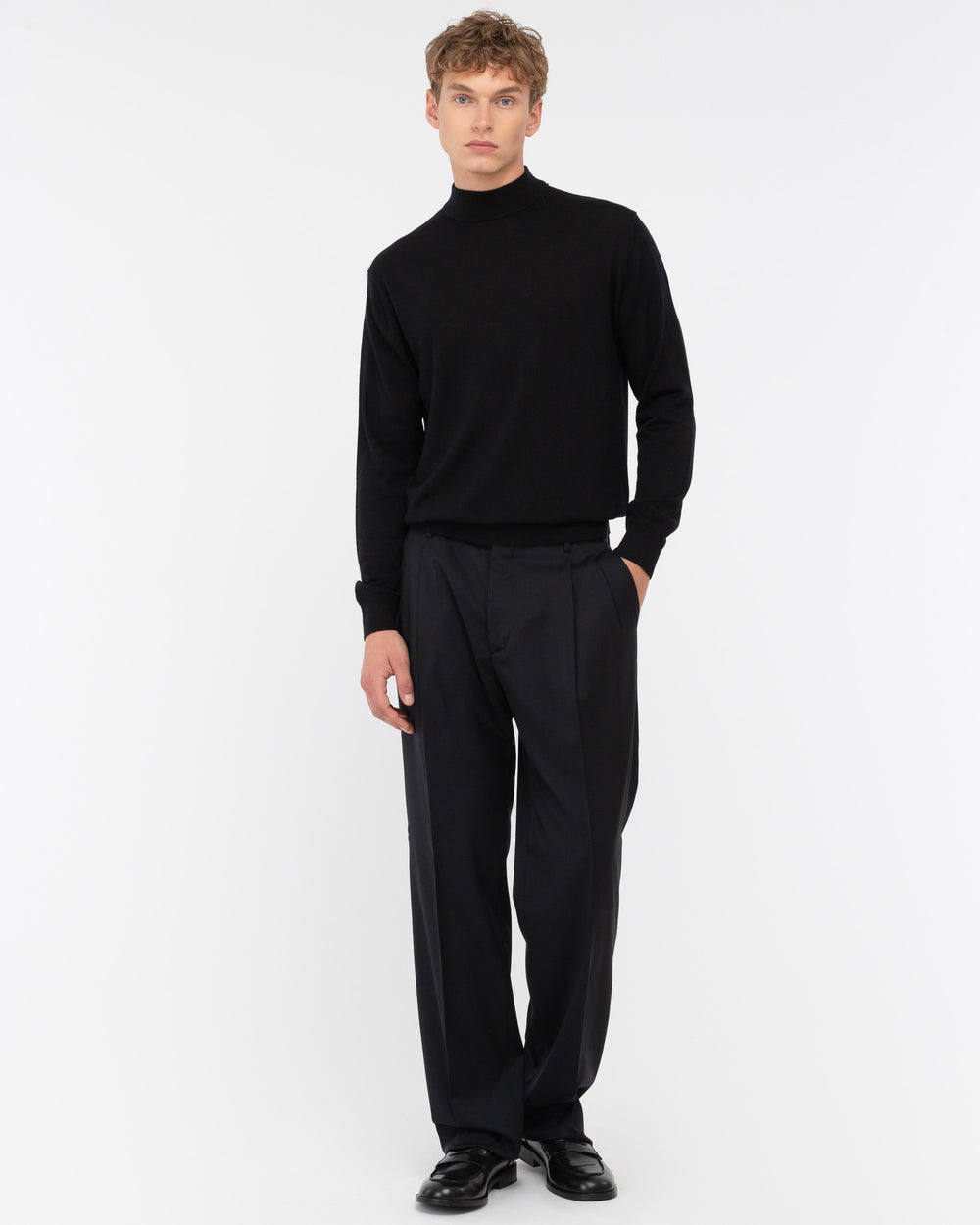 black stretch wool double pleat relaxed fit trousers