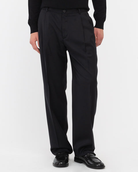 black stretch wool double pleat relaxed fit trousers