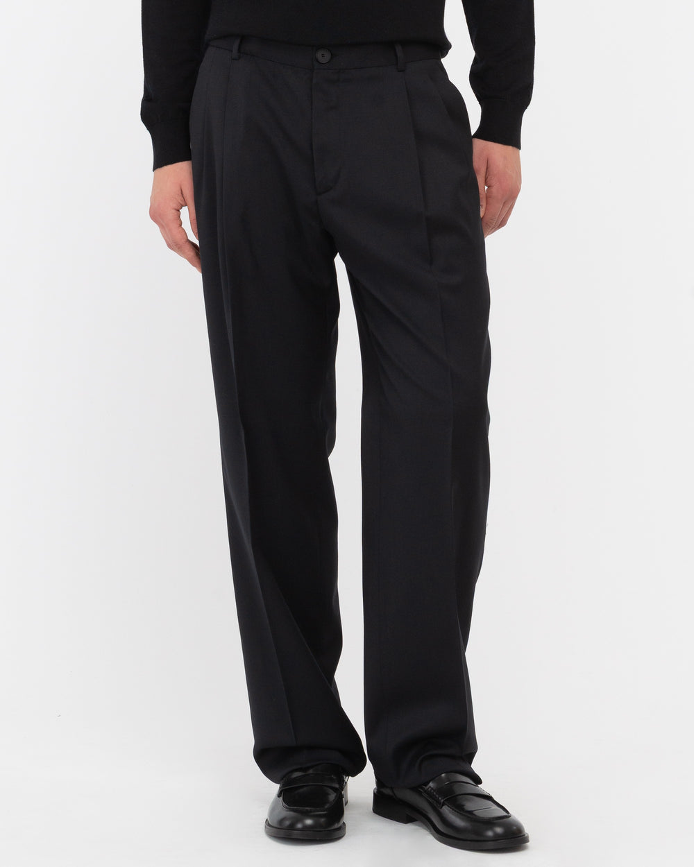 black stretch wool double pleat relaxed fit trousers