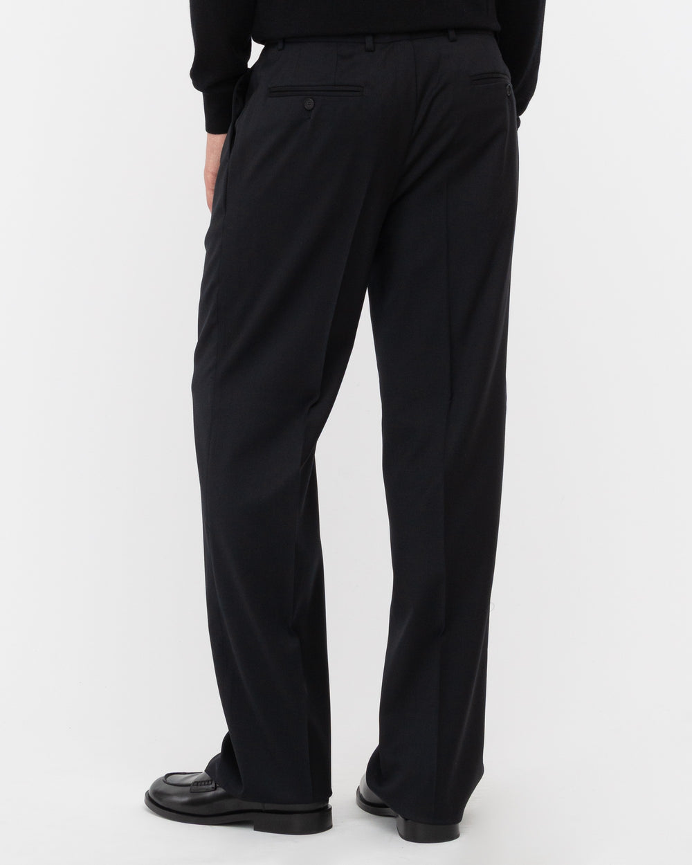 black stretch wool double pleat relaxed fit trousers