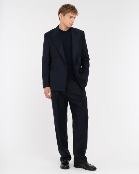 blue double pleat relaxed fit stretch wool flannel trousers