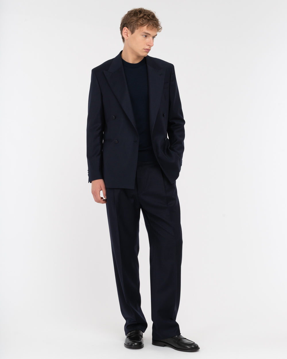 blue double pleat relaxed fit stretch wool flannel trousers