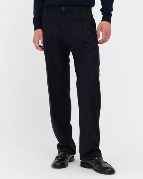 blue double pleat relaxed fit stretch wool flannel trousers