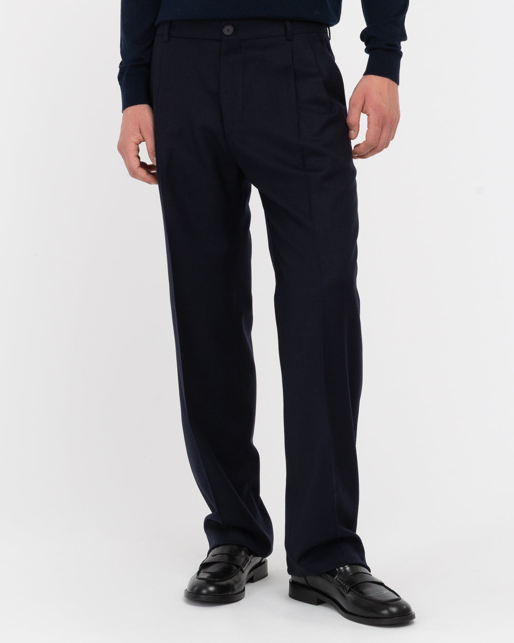 blue double pleat relaxed fit stretch wool flannel trousers