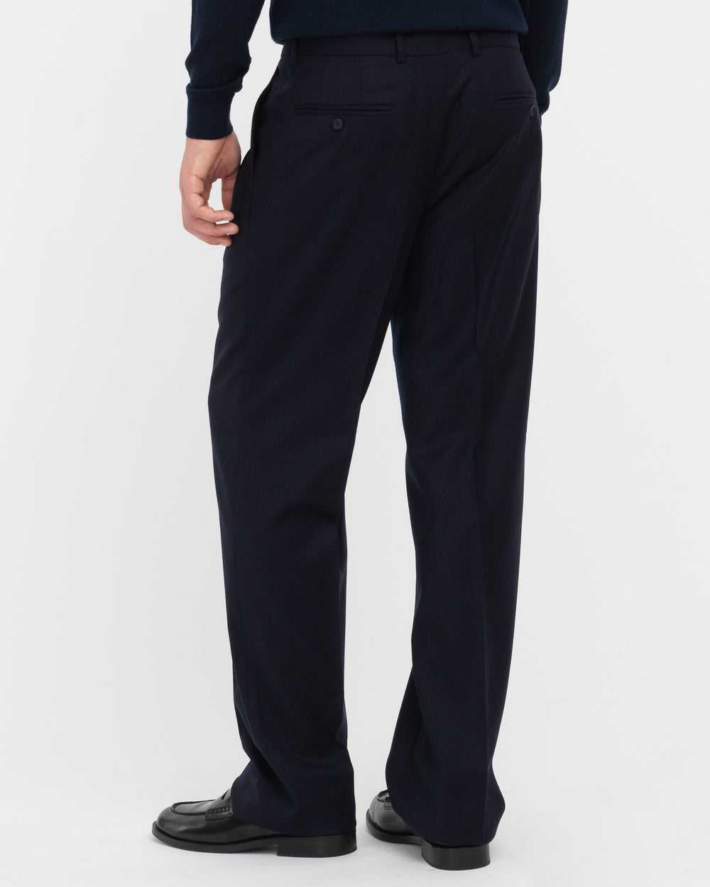 blue double pleat relaxed fit stretch wool flannel trousers