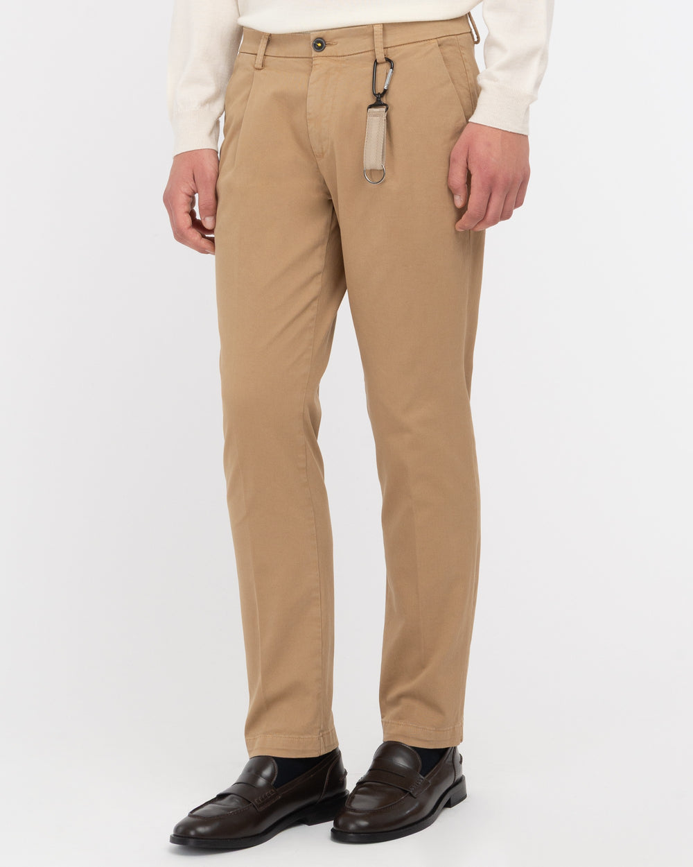 beige stretch cotton twill pleated chino
