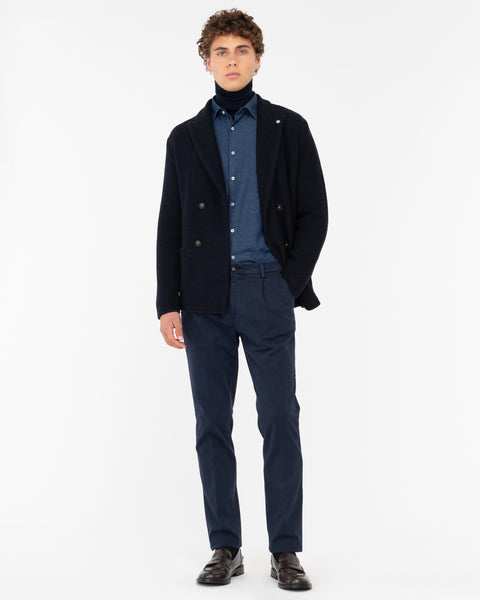 blue stretch cotton twill pleated chino