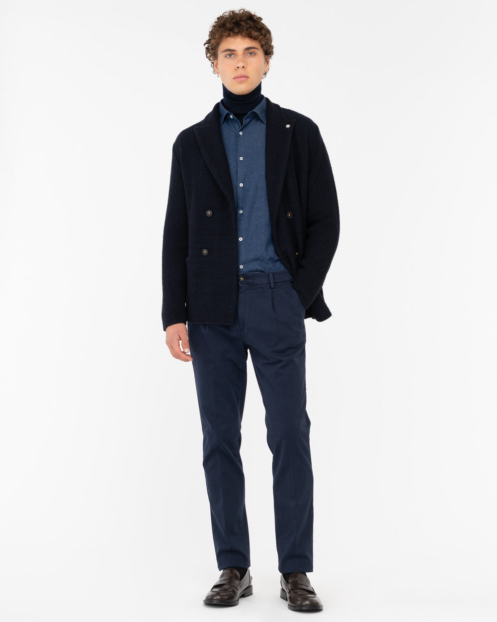 blue stretch cotton twill pleated chino