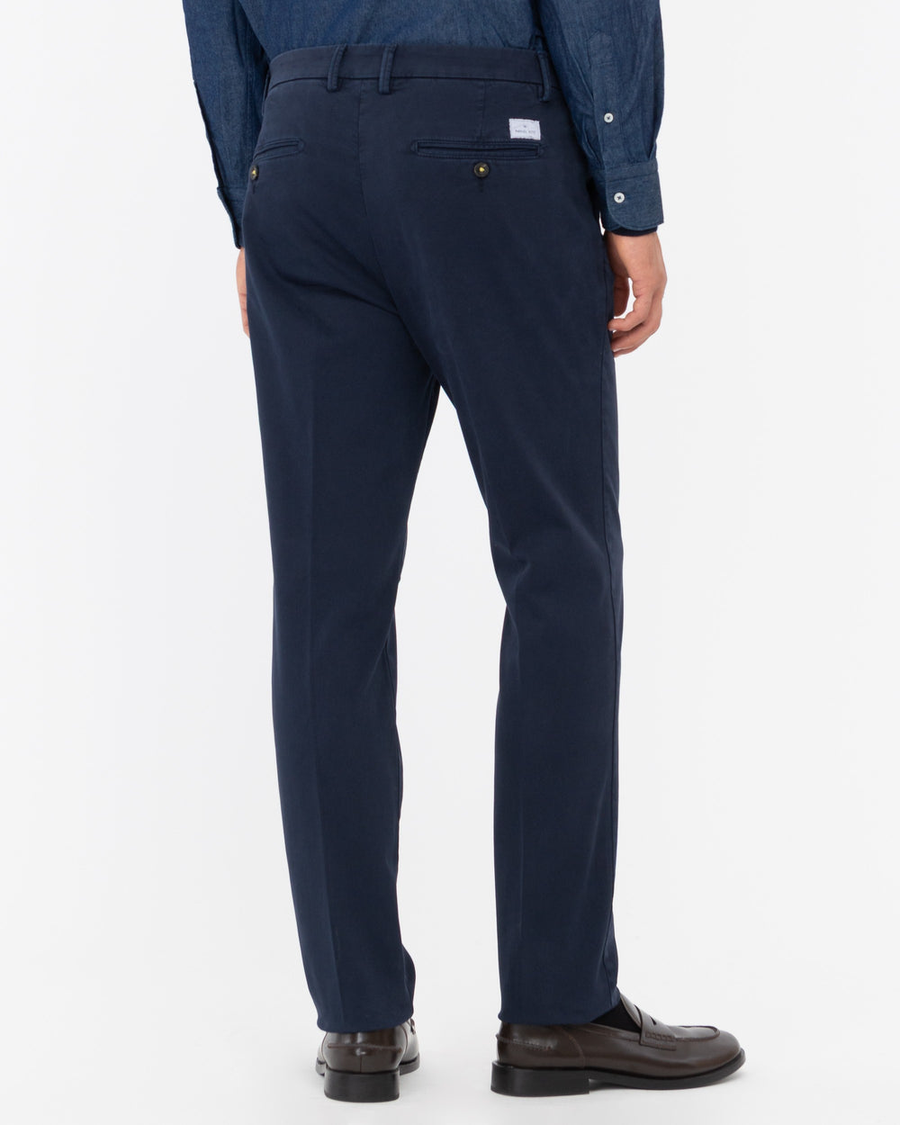 blue stretch cotton twill pleated chino