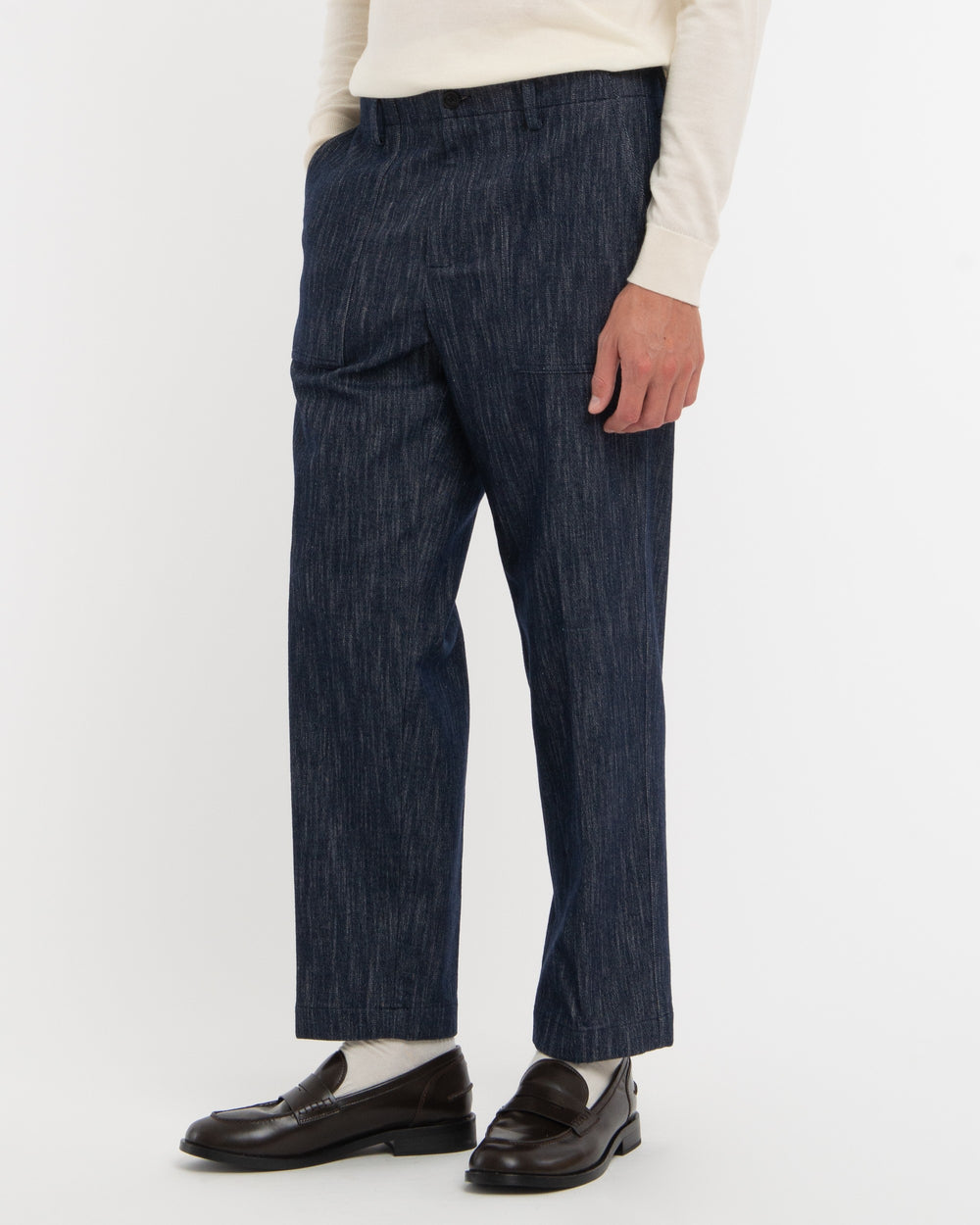 blue stretch cotton wool denim fatigue trousers