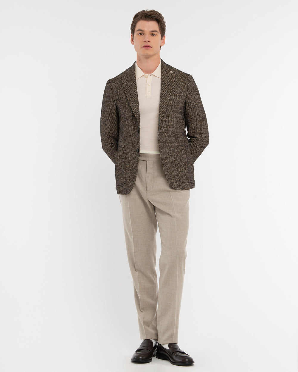 beige stretch wool flannel pleated trousers