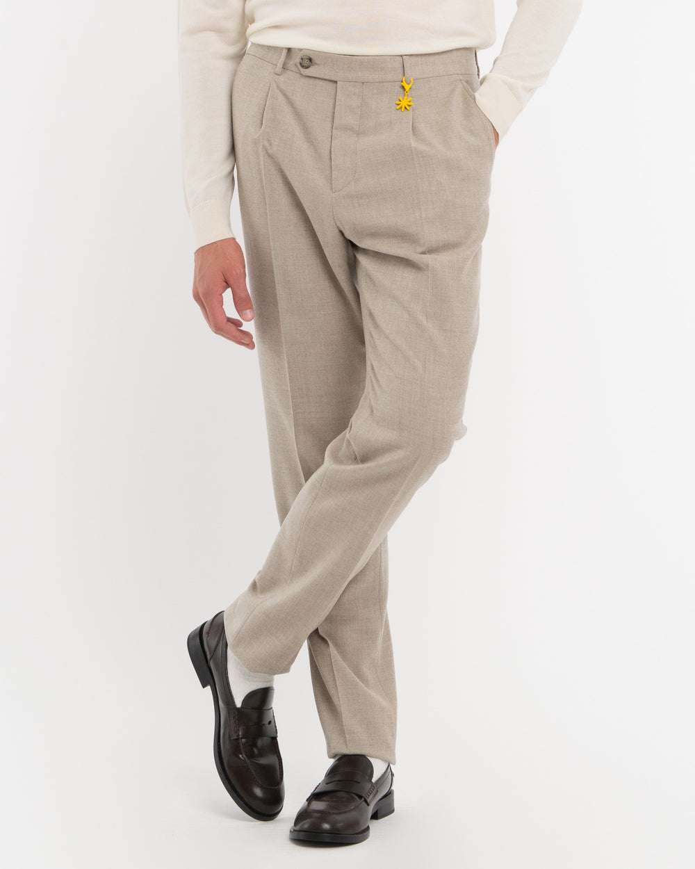 beige stretch wool flannel pleated trousers