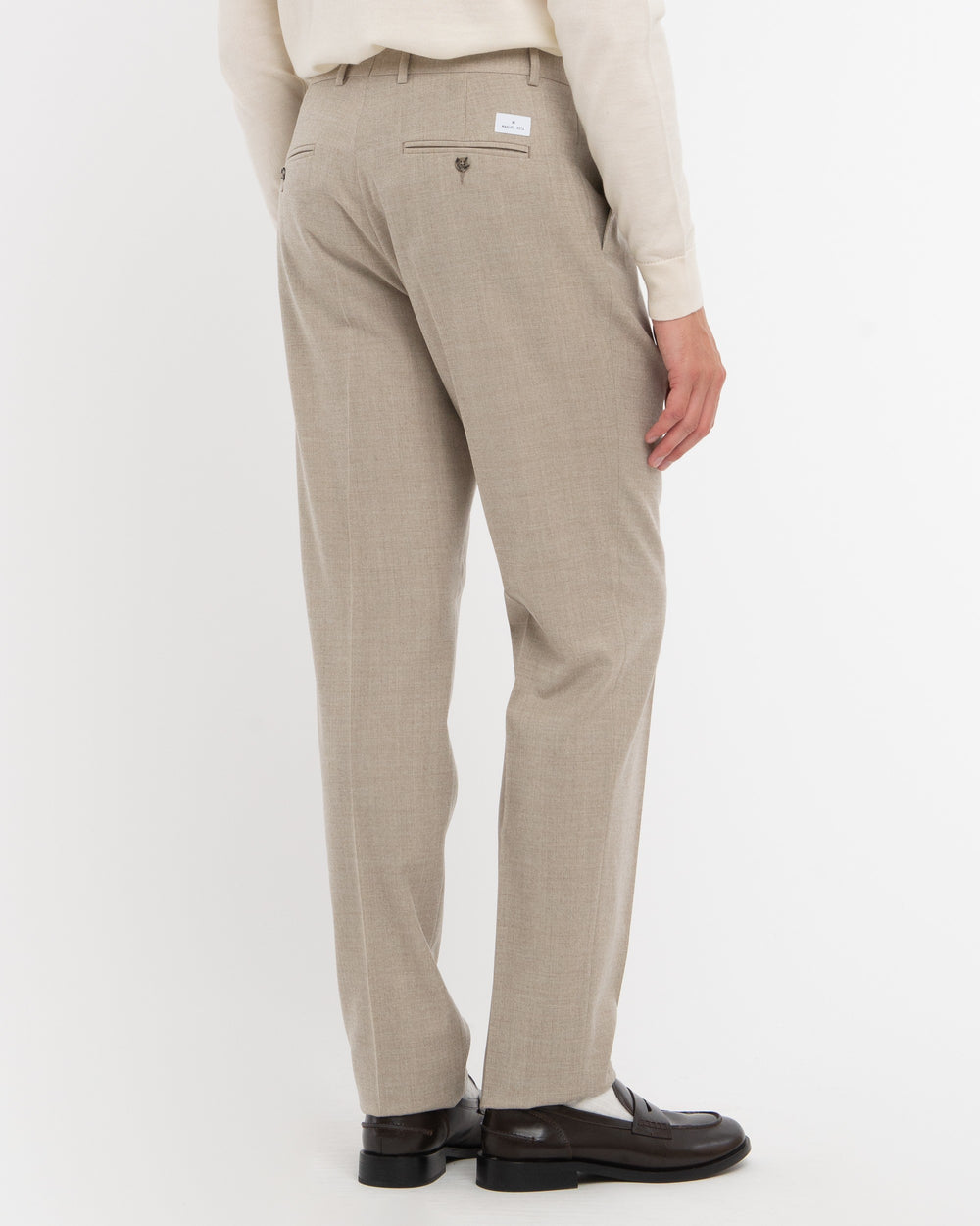 beige stretch wool flannel pleated trousers
