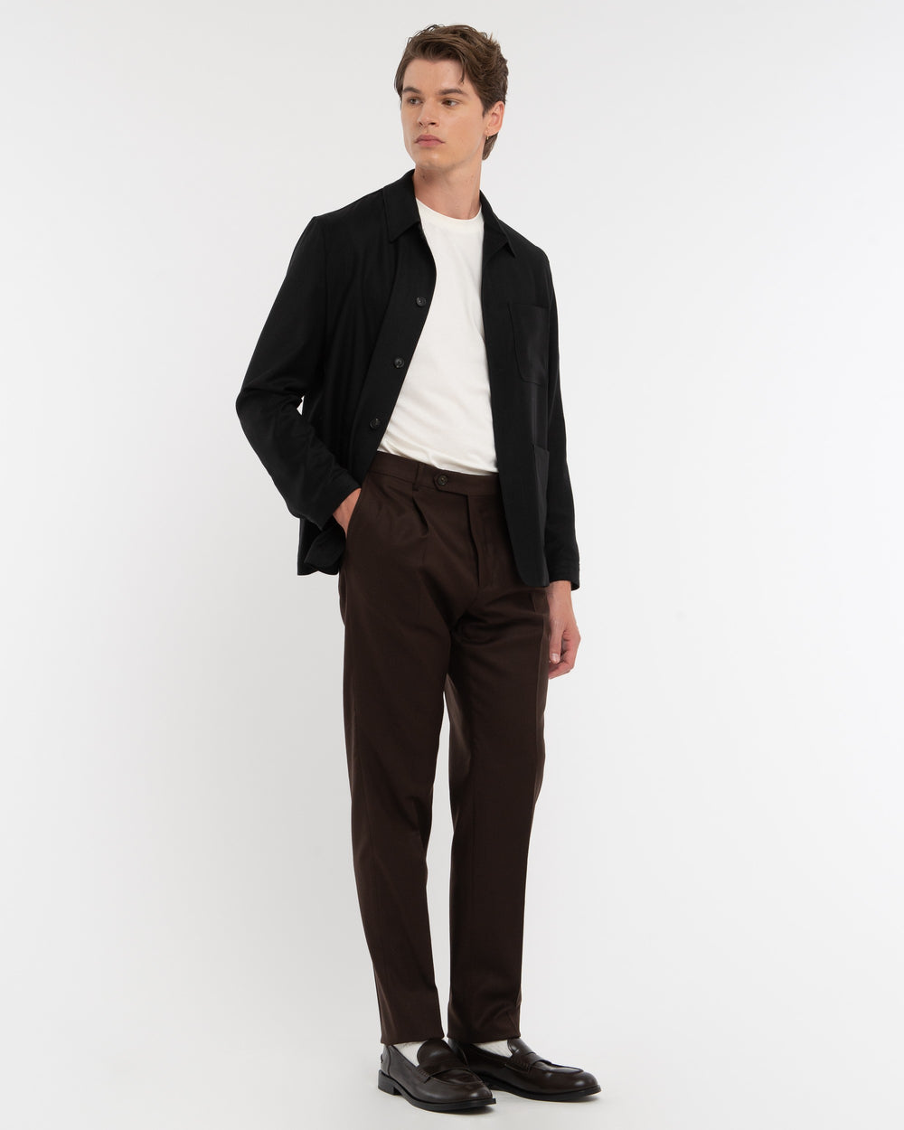 brown stretch wool flannel pleated trousers
