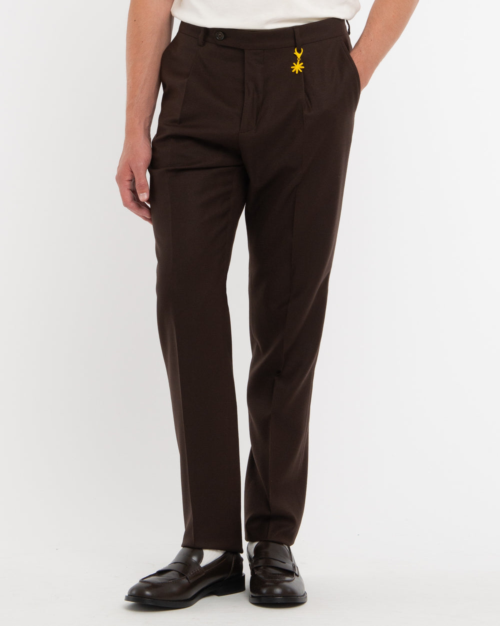 brown stretch wool flannel pleated trousers