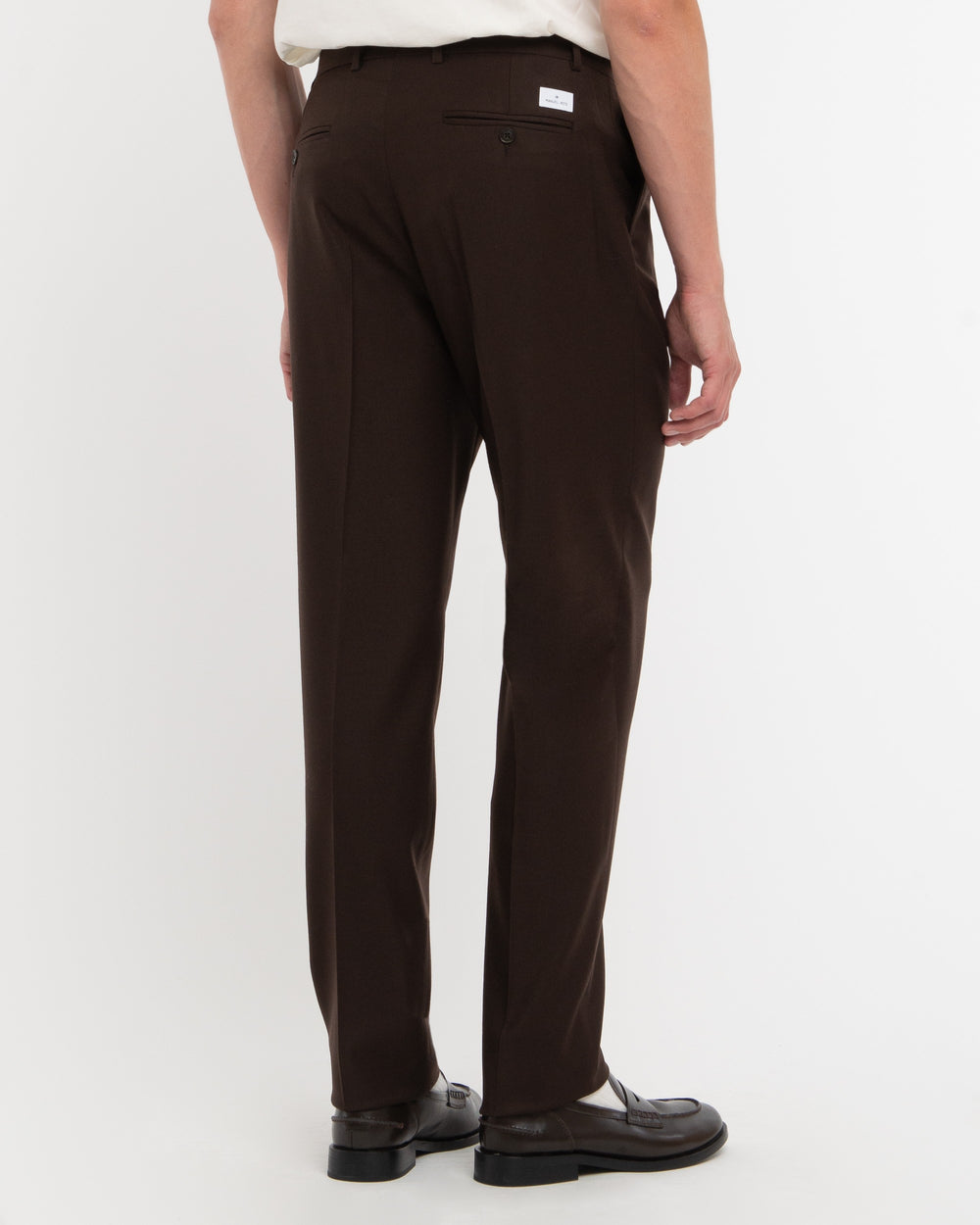 brown stretch wool flannel pleated trousers