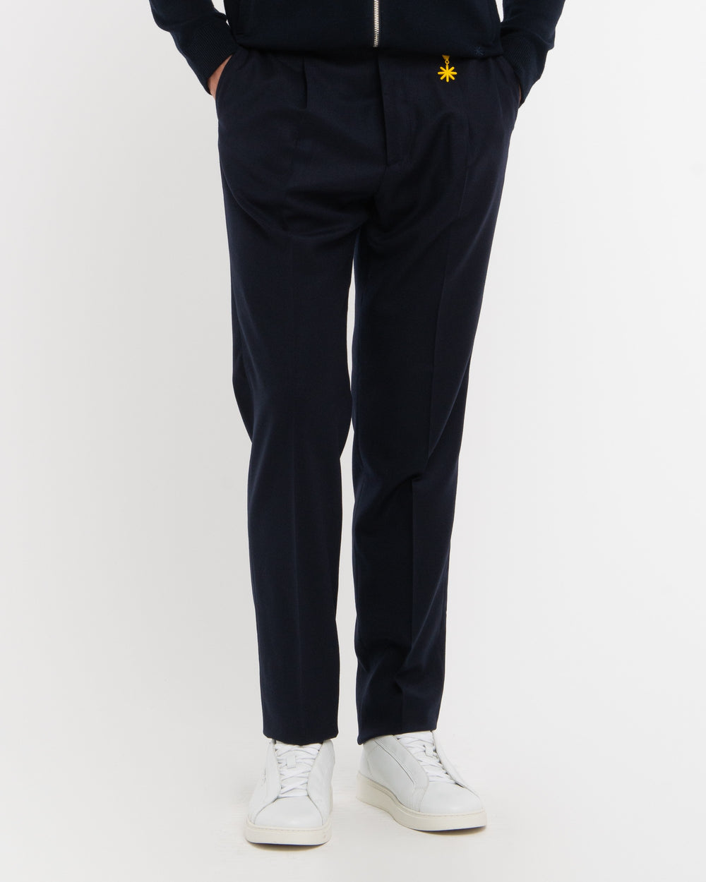 blue stretch wool flannel pleated trousers