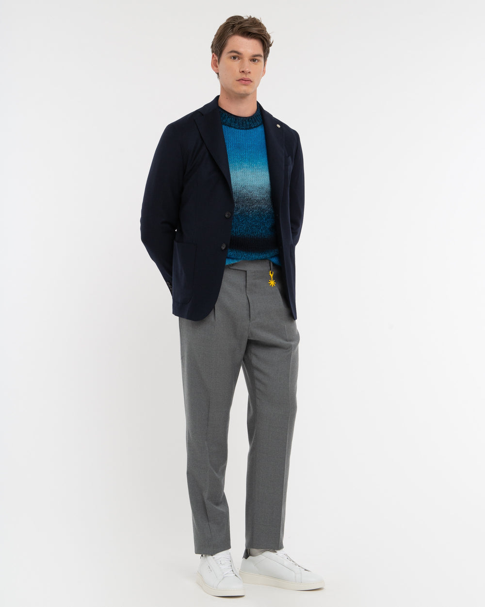gray stretch wool flannel pleated trousers