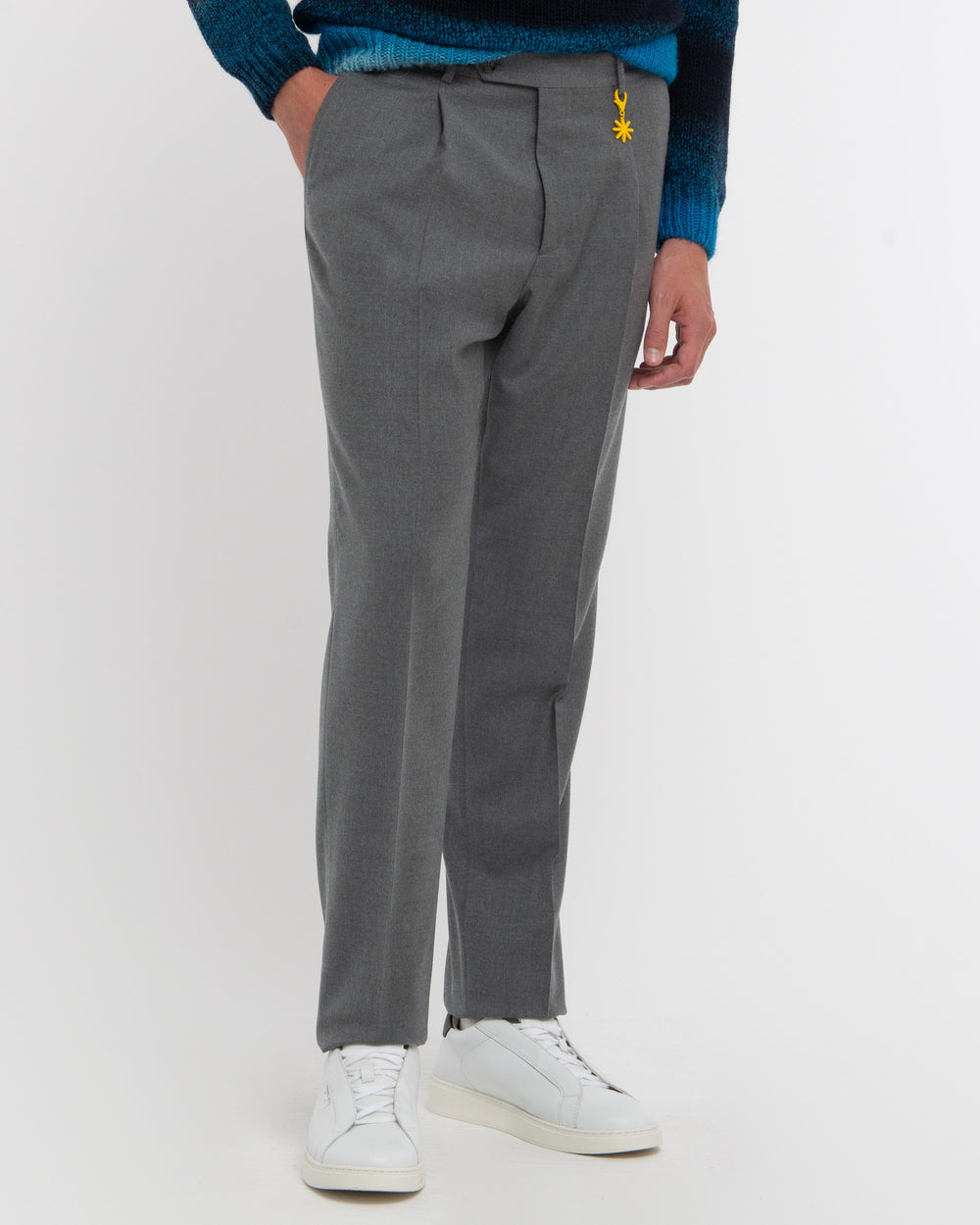 gray stretch wool flannel pleated trousers