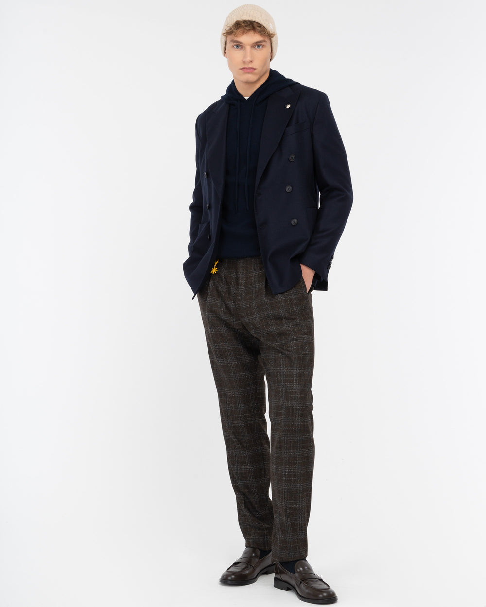 brown stretch viscose blend wales pleat trousers