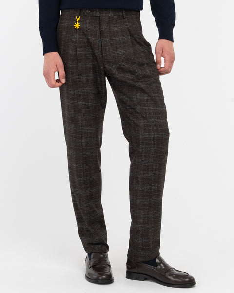 brown stretch viscose blend wales pleat trousers