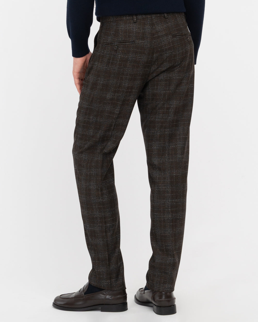 brown stretch viscose blend wales pleat trousers