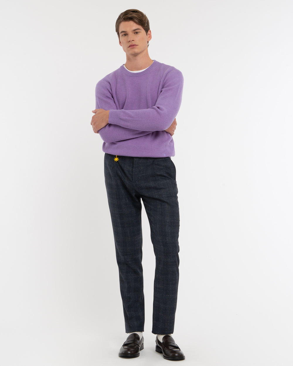 blue stretch viscose blend wales pleat trousers