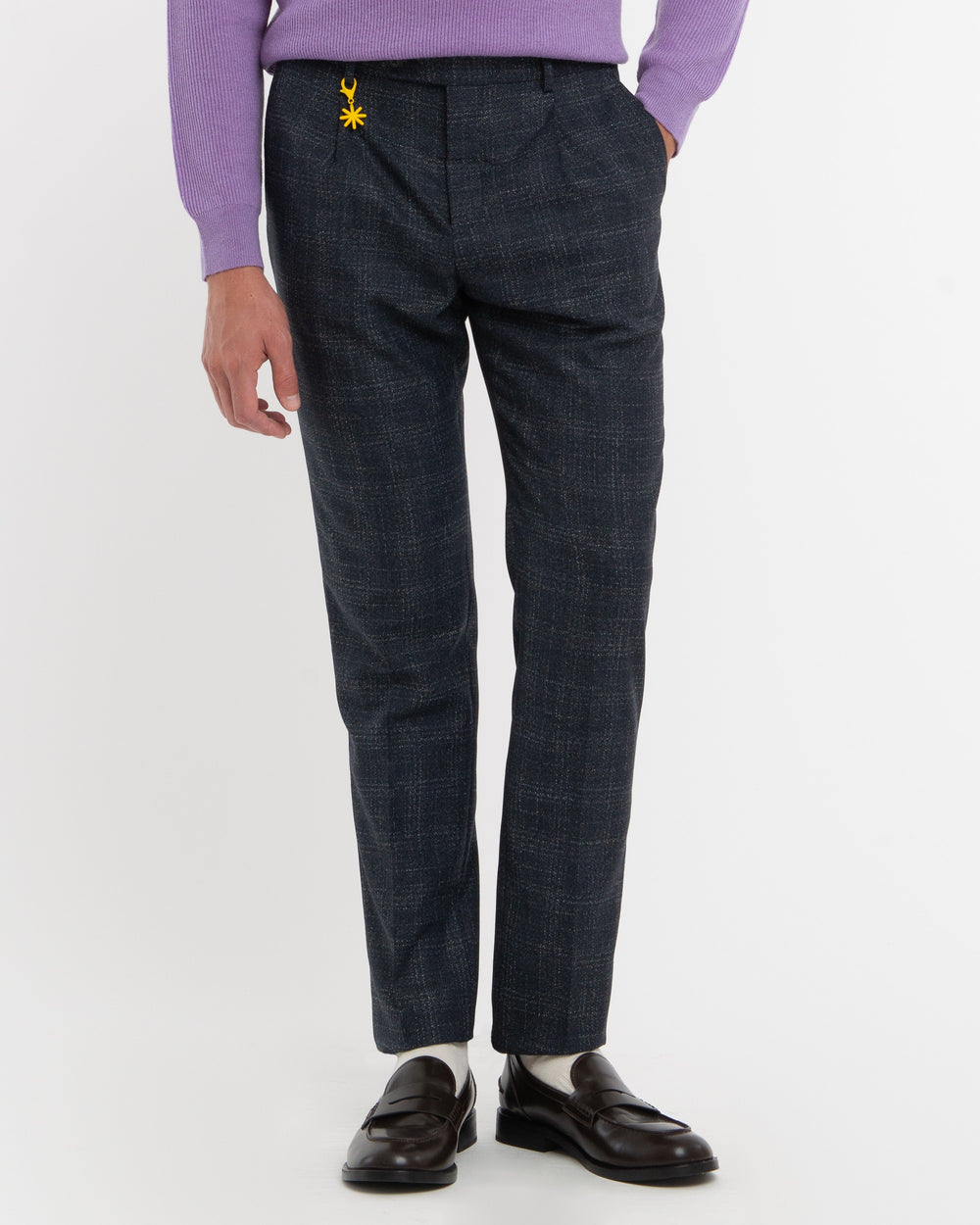 blue stretch viscose blend wales pleat trousers