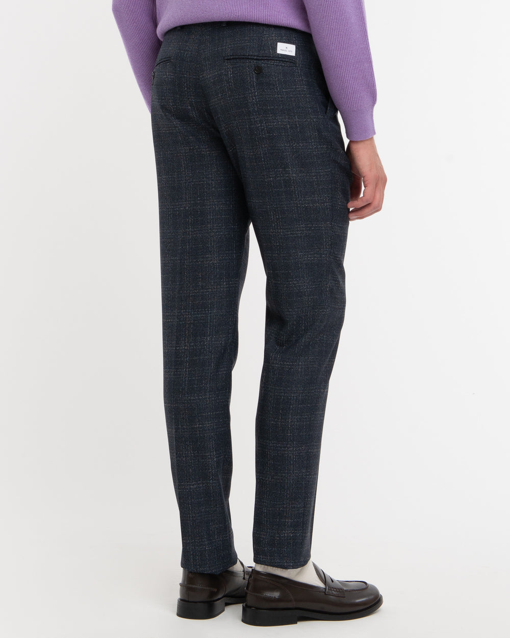 blue stretch viscose blend wales pleat trousers