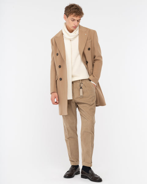 beige rocker velvet double pleat trousers