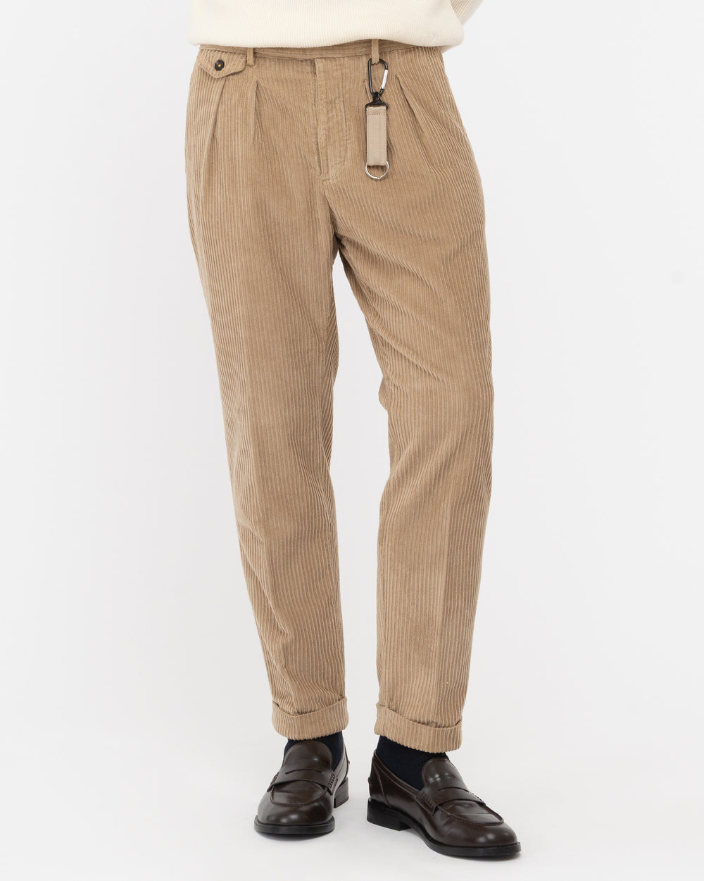 beige rocker velvet double pleat trousers