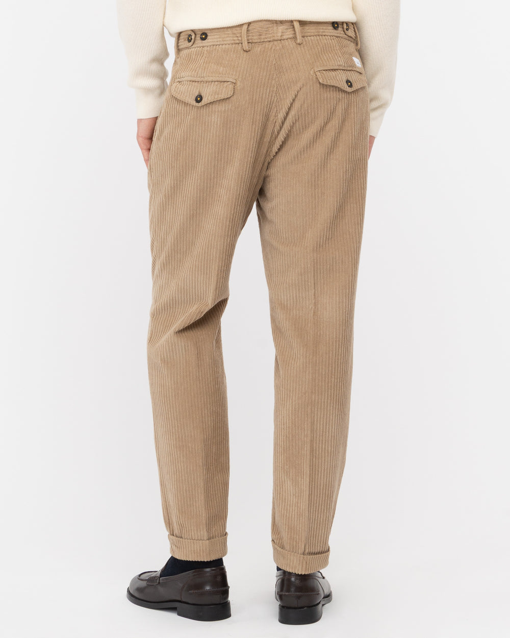 beige rocker velvet double pleat trousers