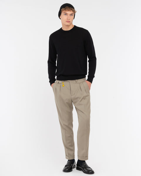 beige stretch wool double pleated trousers