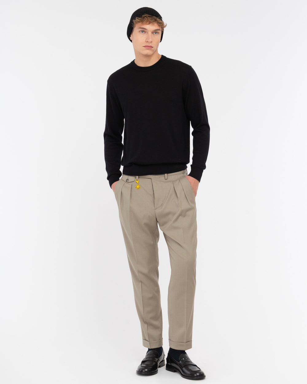 beige stretch wool double pleated trousers