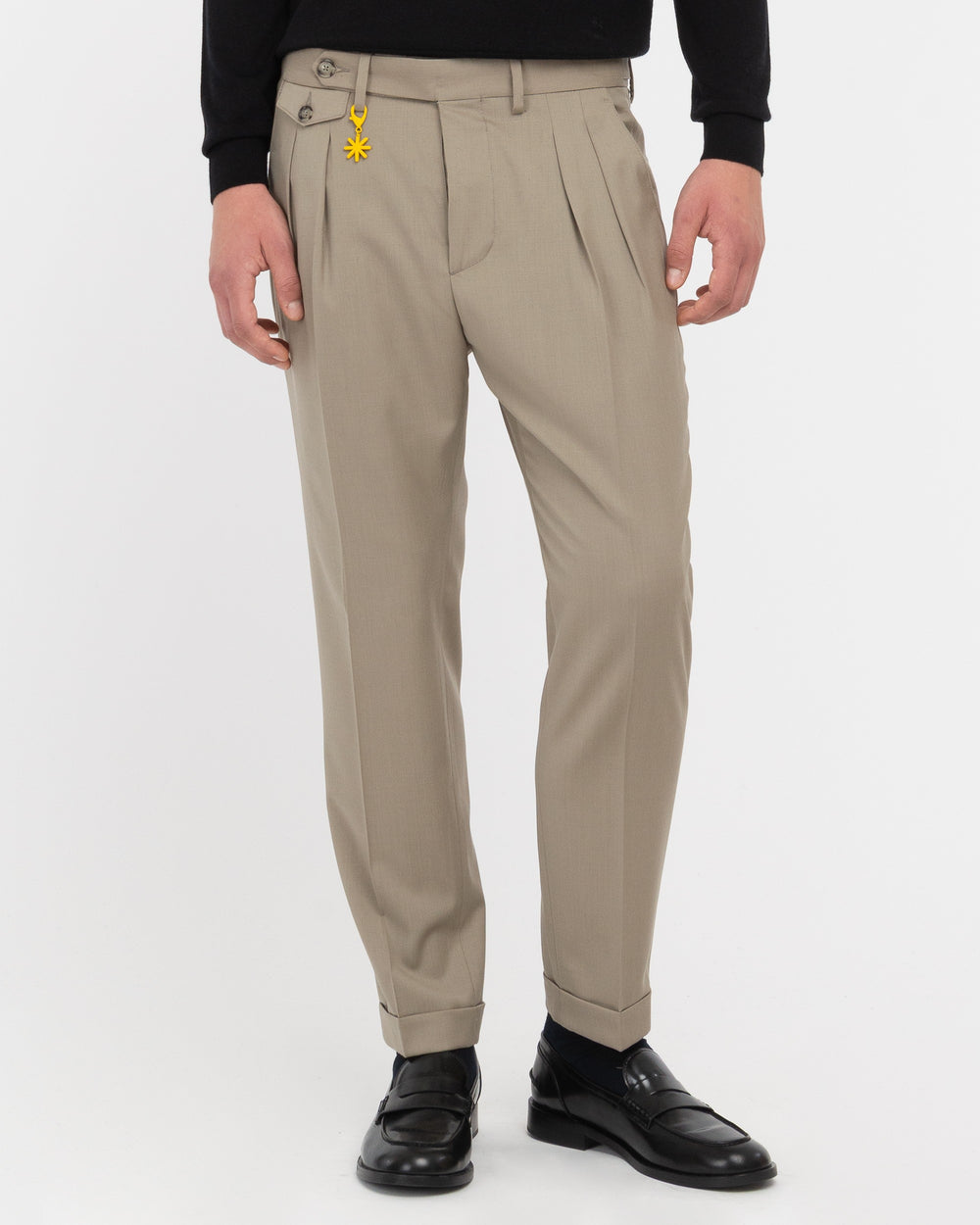 beige stretch wool double pleated trousers