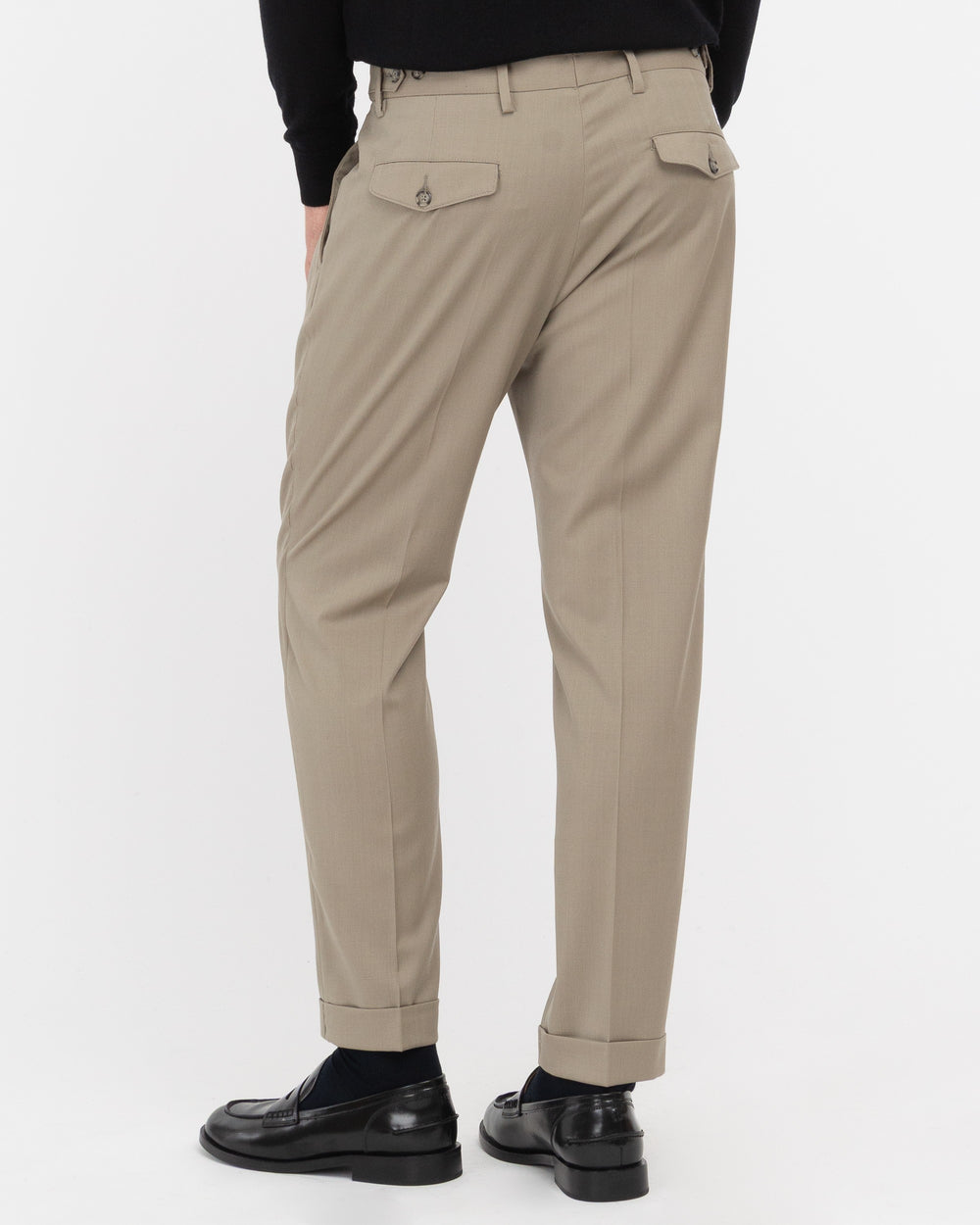 beige stretch wool double pleated trousers