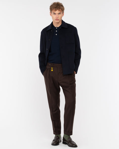 brown double pleat stretch wool flannel trousers